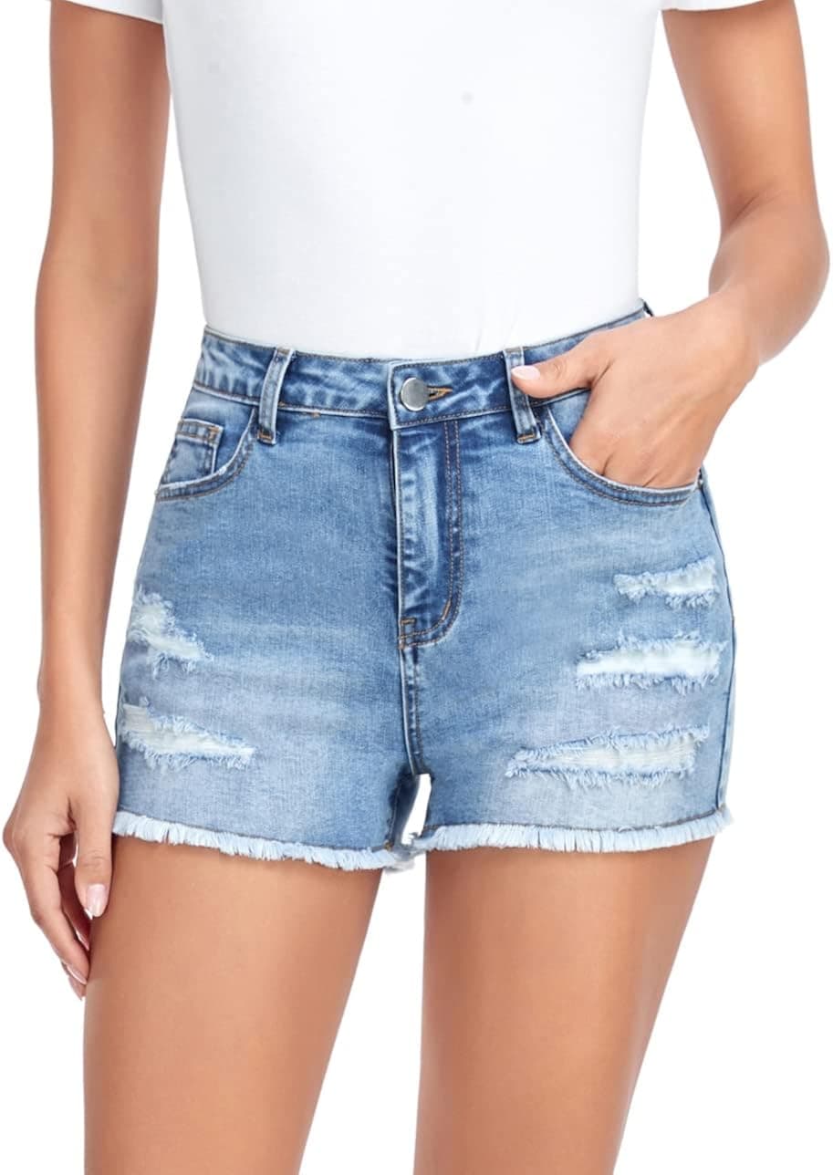 ETTELO Womens Stretchy Summer Ripped with Tassel Mid Rise Jean Shorts for Women - 5 Pockets
