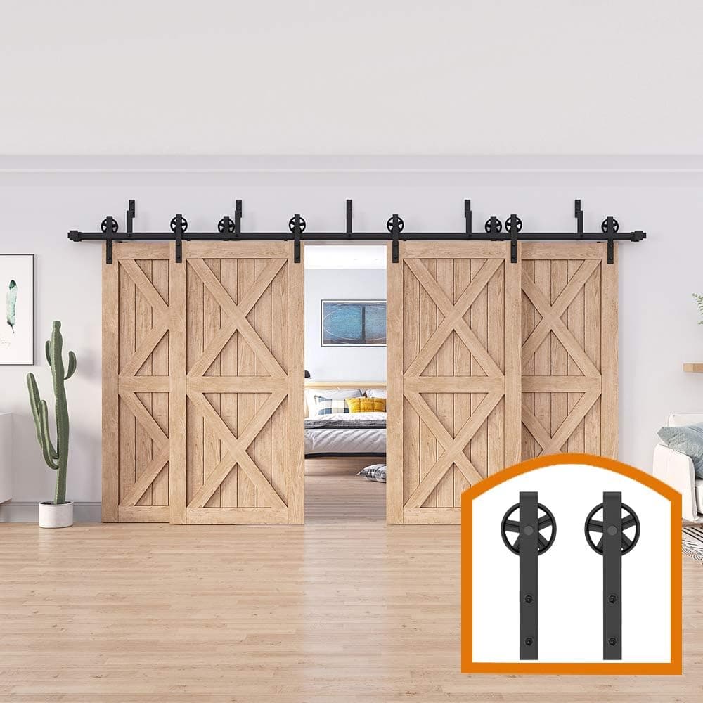 ZEKOO 9-18 FT 4 Doors Bypass Barn Door Hardware for Sliding Barn Door, Barn Door Track for Sliding Closet Door, Double Track Bypass Kit Black Wheel Spoke Hangers (13 FT Bypass 4 Doors Hardware Kit)