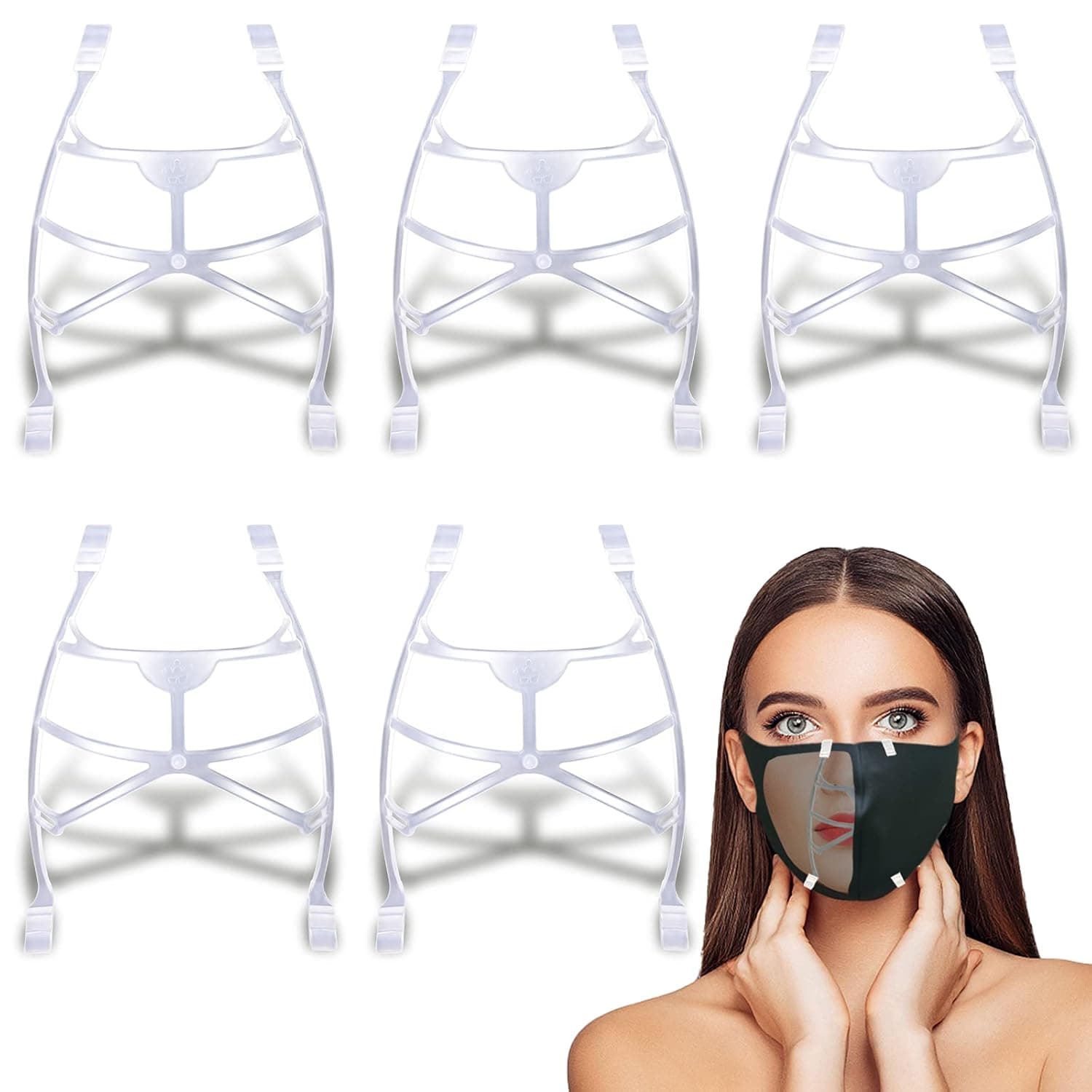 FunnyDay 5 Pcs 3D Face Mask Bracket Internal Support Frame Protect Lipstick Makeup Easy Breathing and Clear Voice Plastic Design with Clips Washable Reusable for Adult.(White)