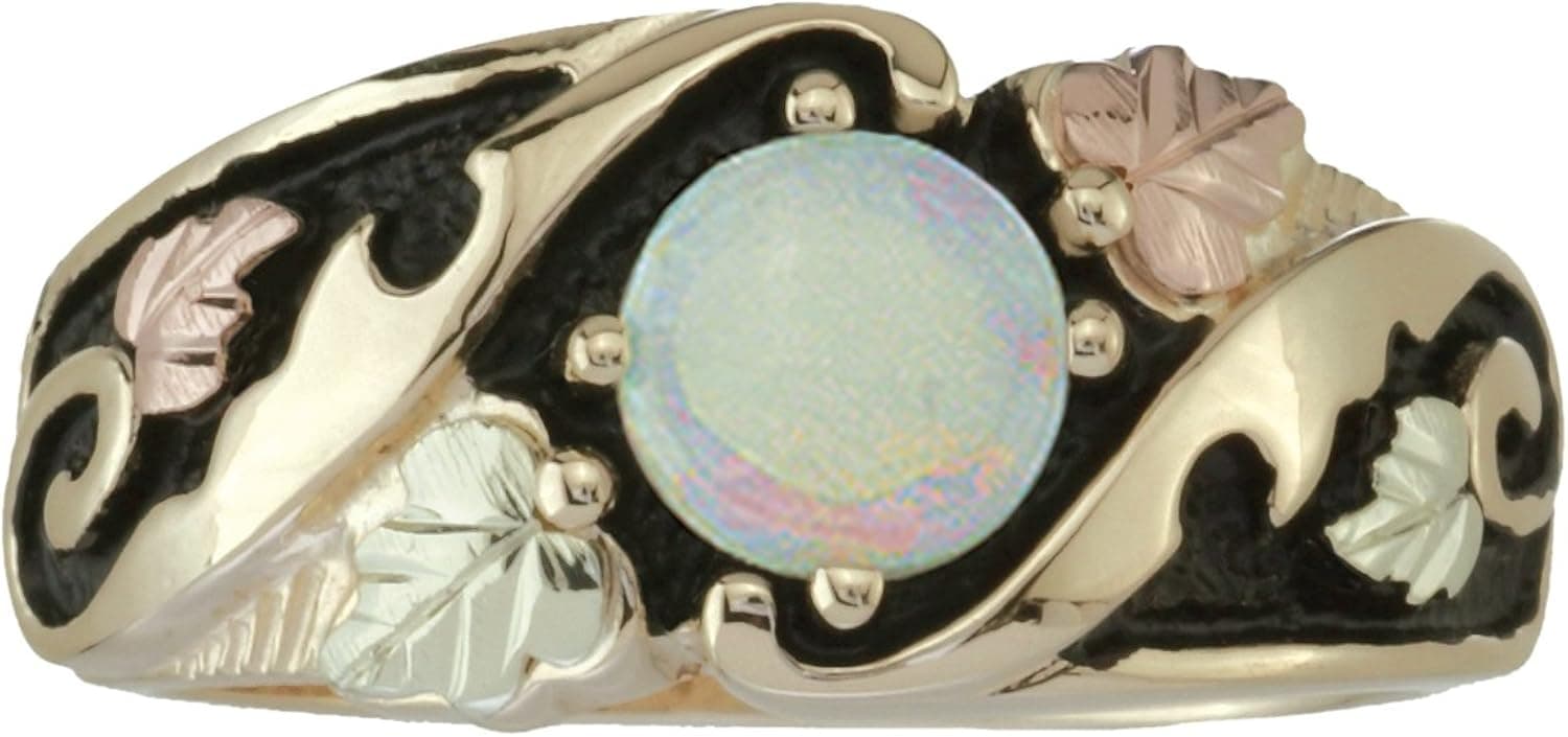 Opal Cabochon 10k Yellow Gold Antiqued Ring with 12k Rose Gold and Green Gold Black Hills Motif, Sizes 4, 4.5, 5, 5.5, 6, 6.5, 7, 7.5, 8, 8.5, 9