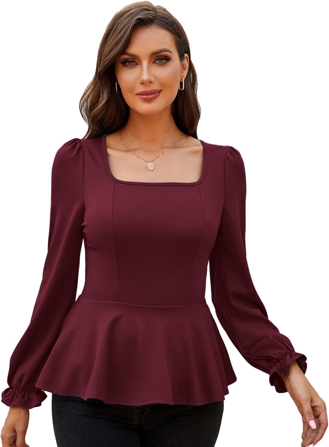JASAMBAC Women's Elegant Square Neck Lantern Long Sleeve Peplum Tops Ruffle Slim Fit Work Party Blouse