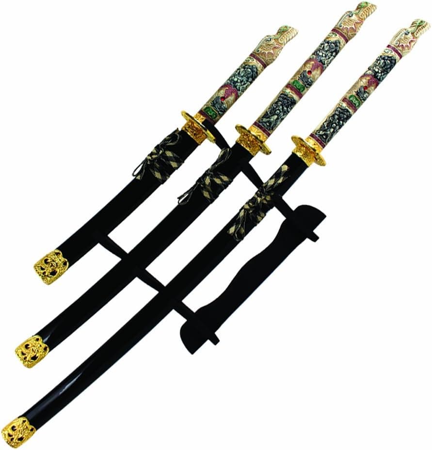 Ace Martial Arts Supply Closed Mouth Dragon Three Piece Sword Set with Wooden Display Stand