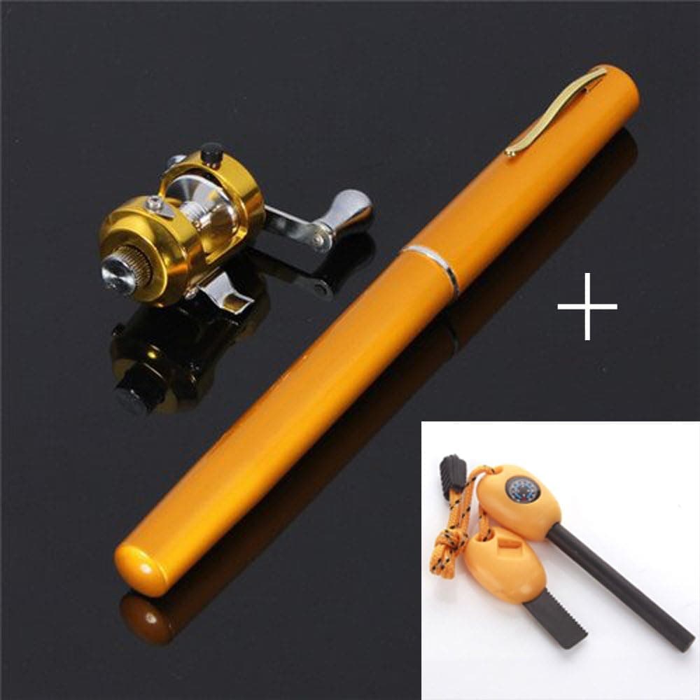 BestBuyGoods Portable Mini Pocket Pen Fishing Rod Pole Reel With Two Baits Two fishhooks Two Fishing-buoys and 20 Meters Fish tape/wire+ Survival Magnesium Firestarter Compass Whistle Orange BBG14PF001(Colors Random)