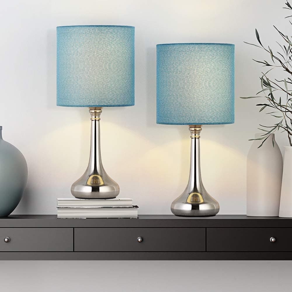 ETELI Bedside Table Lamps Set of 2,Small Nightstand Lamps Modern Small Desk Lamps with Blue Fabric Shade for Bedroom Living Room Kids Study Room Office