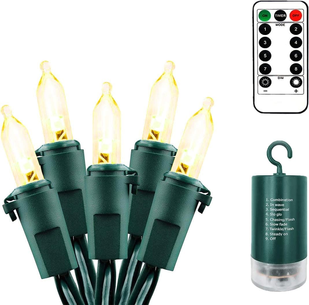 echosari Outdoor Christmas Lights Battery Operated with Timer, Remote Control, 8 Modes, Dimmable, Waterproof, 33ft 100Led Warm White String Lights for Bedroom Wreaths Tree Garden Party Holiday Decor