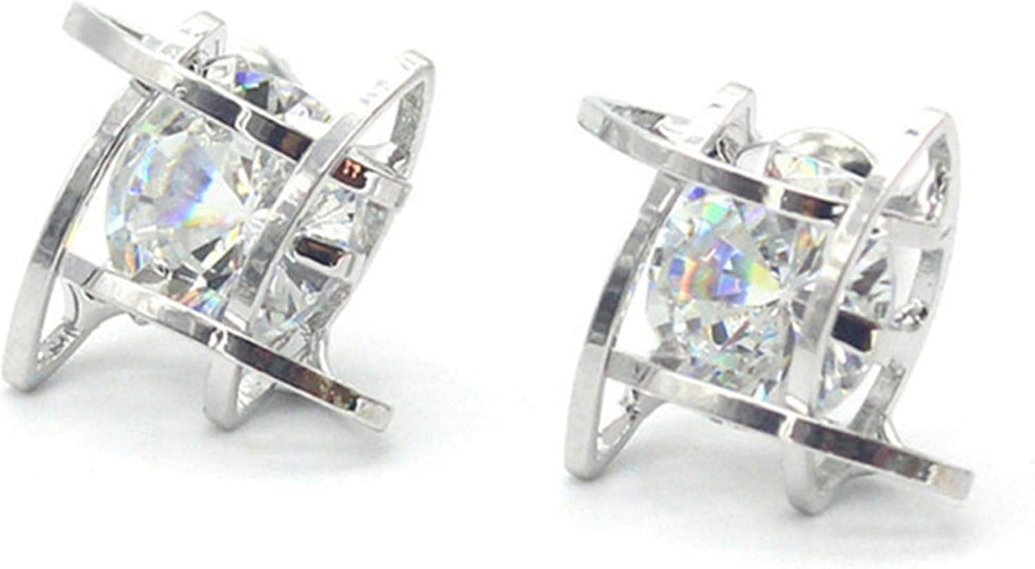 Guoshang Women Geometric Cube Crystal Earrings Rhinestone Ear Studs Gold Silver 2 Colors,Silver,1 Pair