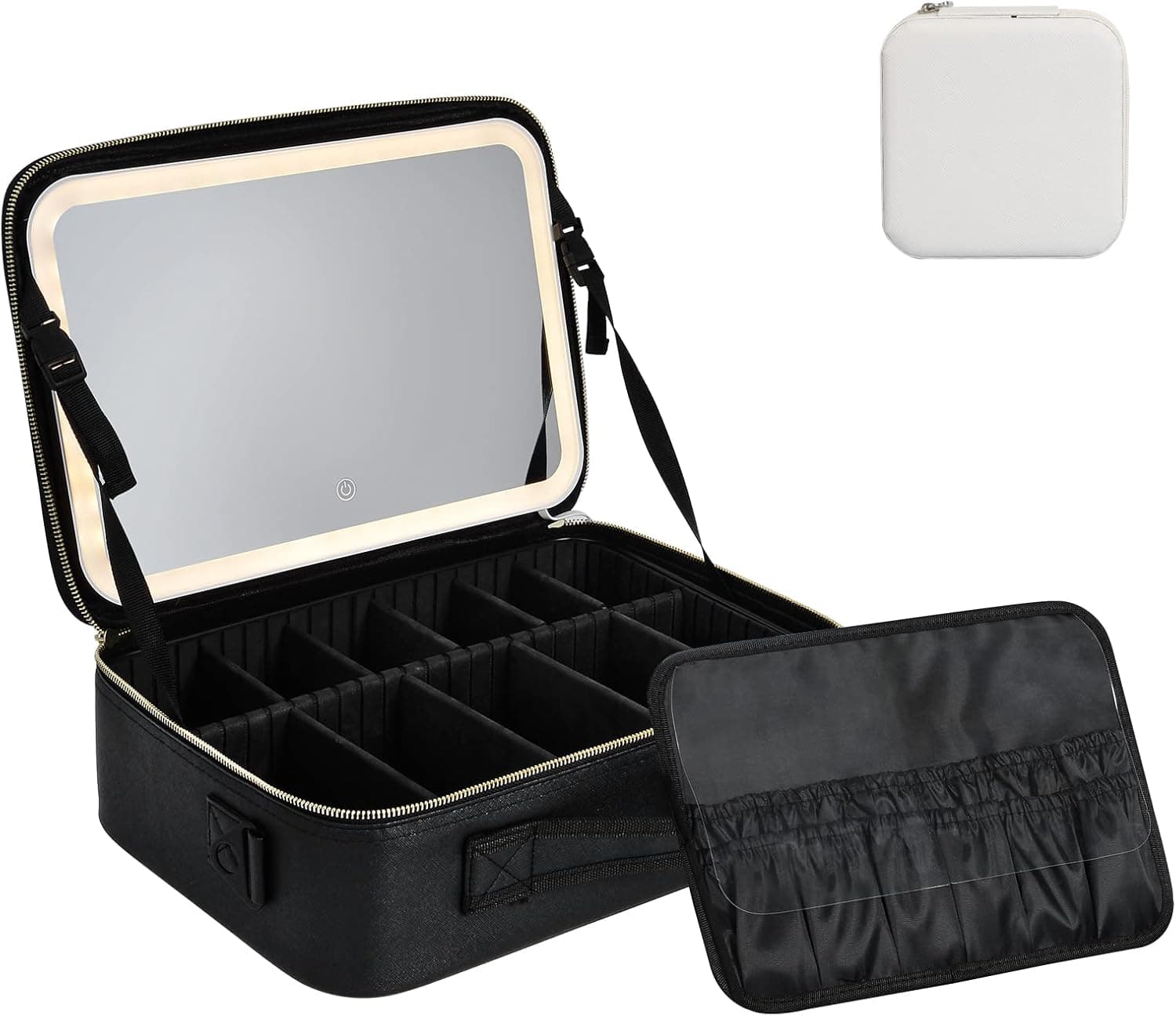 Professional Makeup Train Case with Large Lighted Mirror 3 Color Scenarios Adjustable Brightness Dividers Portable Makeup Artist Organizer with Shoulder Strap Makeup Storage Toiletry Gift Large