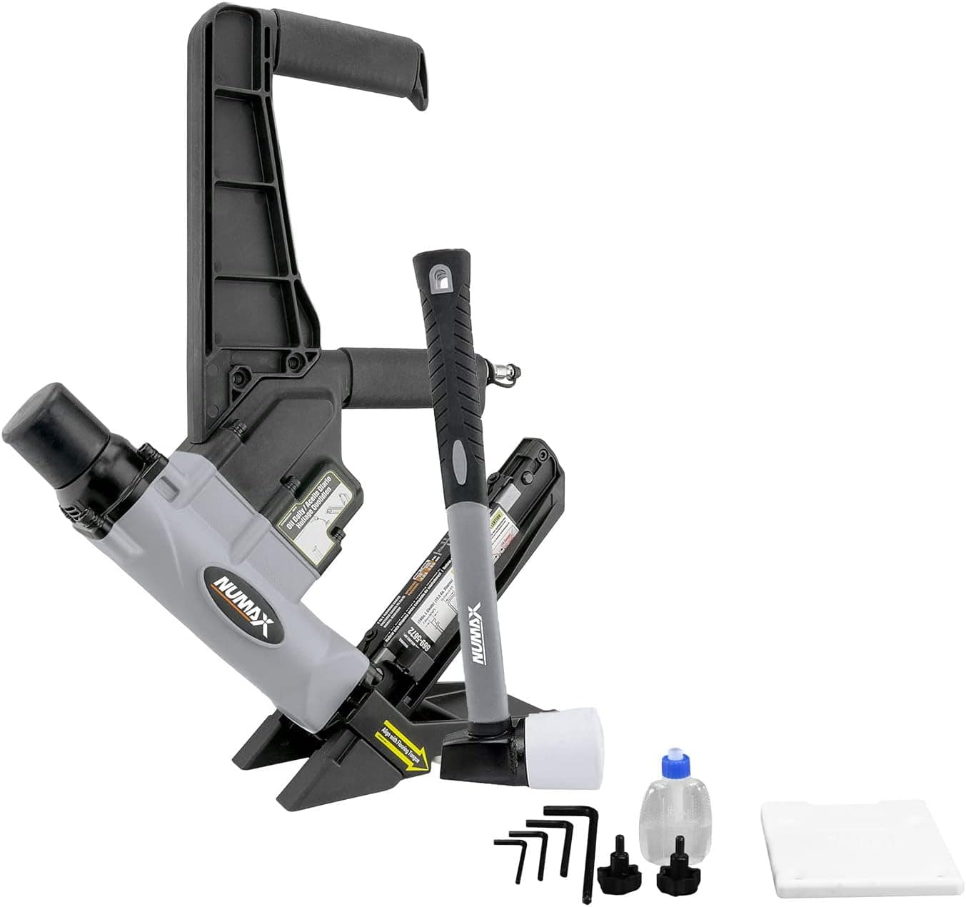 NuMax S50LSDH Pneumatic 2-in-1 15.5-Gauge and 16-Gauge 2" Dual Handle Flooring Nailer and Stapler, Grey and Black