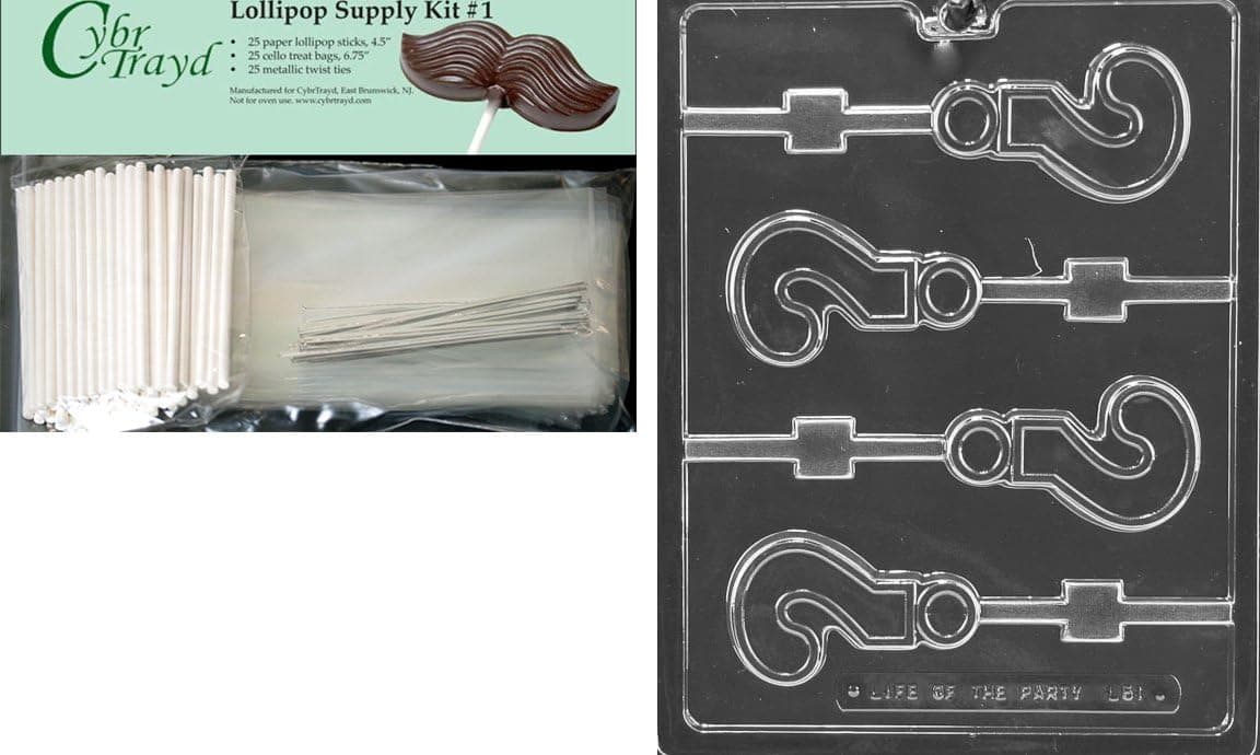 Cybrtrayd Question Mark Lolly Letters and Numbers Chocolate Candy Mold with Lollipop Supply Bundle of 25 Silver Twist Ties