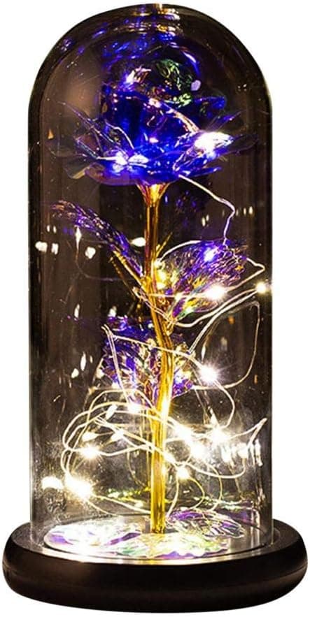 Beauty and The Beast Rose,Galaxy Rose in Glass Dome Wooden Base for Home Decoration Best Gift Valentine's Day Mother's Day Christmas Anniversary Birthday Thanksgiving Day (Gold leaf purple flower)