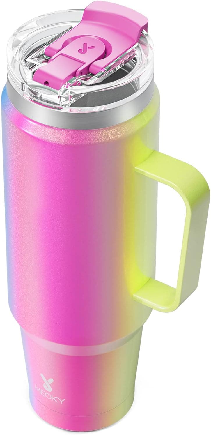 Meoky 40oz Tumbler with Handle, Stainless Steel Travel Mug with 2-in-1 Straw and Sip Lid, Vacuum Insulated Coffee Mug, 100% Leak Proof, Keeps Cold for 34 Hours or Hot for 10 Hours (Rainbow)