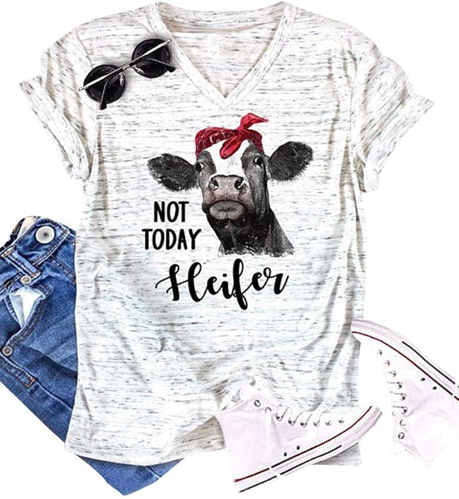 Nlife Women NOT Today Letter Print V Neck Short Sleeve Cartoon Horse Print Tops Blouse
