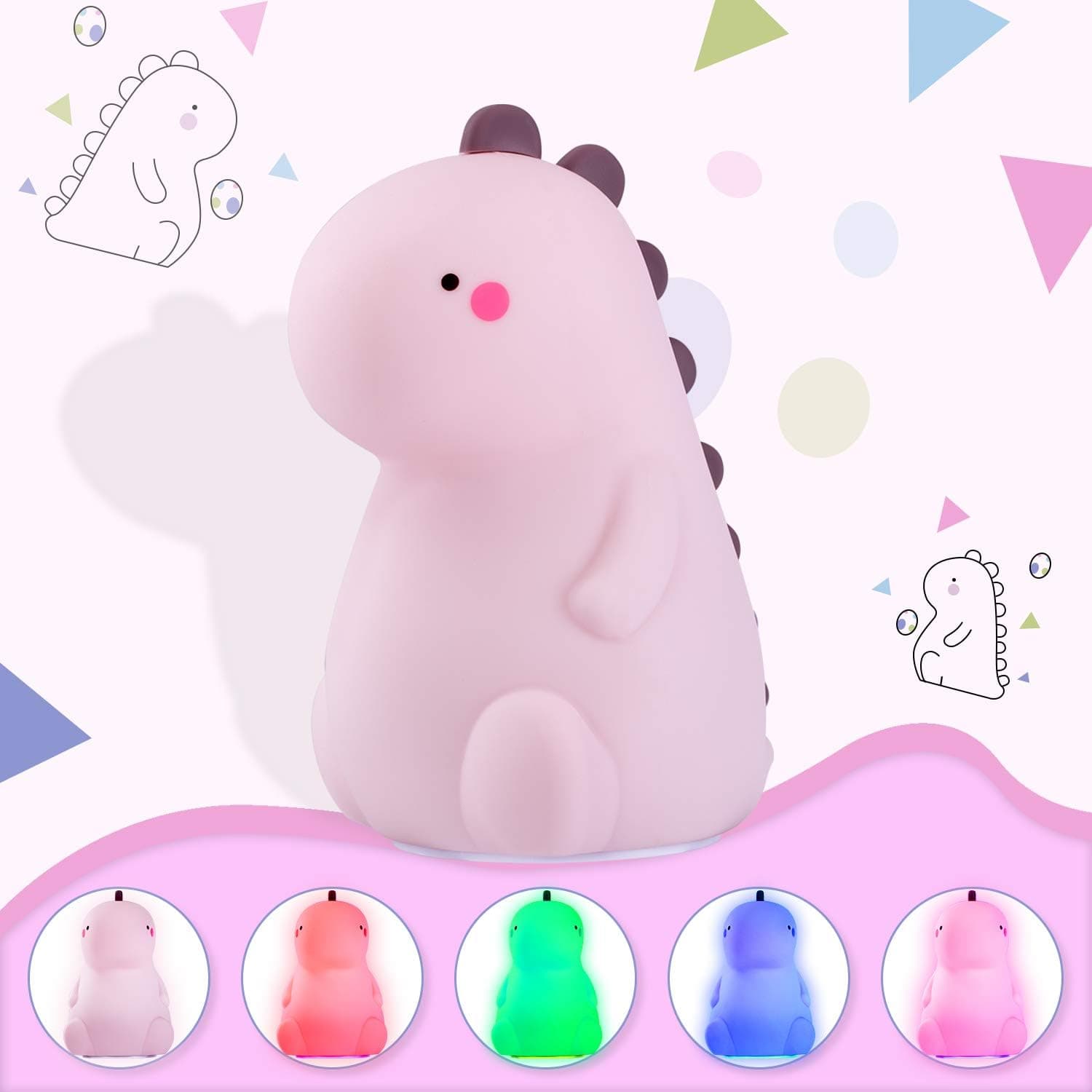 ILUBUTO Dinosaur Night Light for Kids, Cute Lamp Silicone Baby Night Light, Color Changing LED Silicone Night Light with Touch Sensor, Gifts for Kids/Children/Toddler/Girls/Boys (Pink)