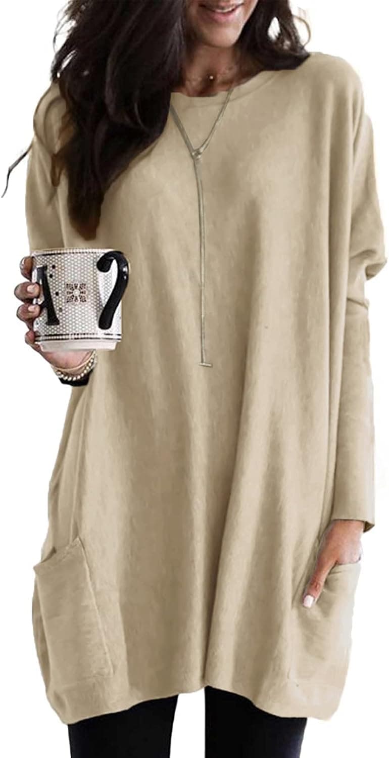 Dokotoo Womens Shirt Winter Dresses For Women Comfy Long Sleeve T Shirt Tunics Tops Blouse Oversized Shirts Tunic with Pockets Tops for Leggings Summer Autumn Spring (US 12-14) XG, LargeApricot