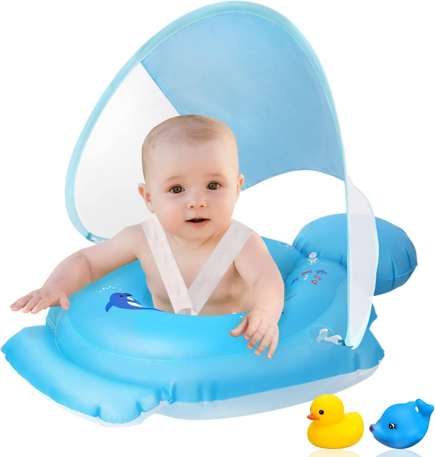 Baby Pool Float with Canopy, Baby Swimming Float Add Tail No Flip, Infant Pool Float, Inflatable Toddler Pool Float with Toys for Age of 3-36 Month (X Large)