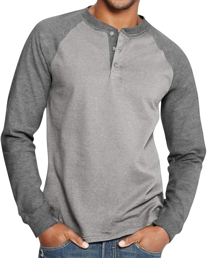 Esobo Men's Casual Beefy Slim Fit T-Shirts Henley Long Sleeve Spring Summer Clothes Grey