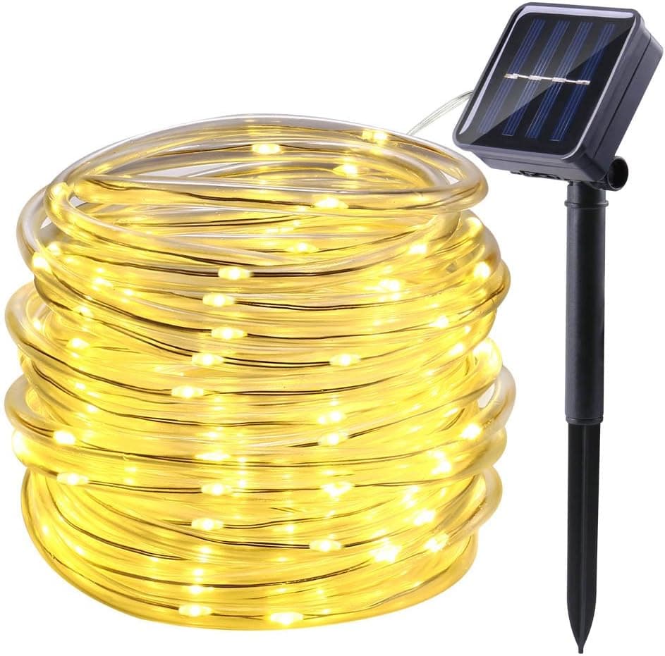Icicle Solar Rope String Lights,100 LED 33ft Waterproof String Lights for Tree,Wedding,Party,Yard,Garden,Lawn,Patio,Holiday,Indoor and Outdoor Decorations (Warm White)