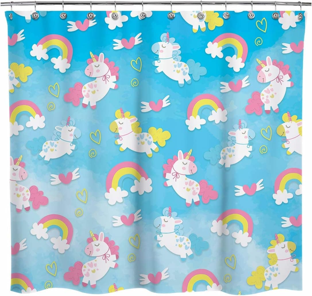 Sunlit Lovely Unicorn Fabric Shower Curtain with Blue Sky Background for Girls Kids and Children Bathroom Decoration Tapestry