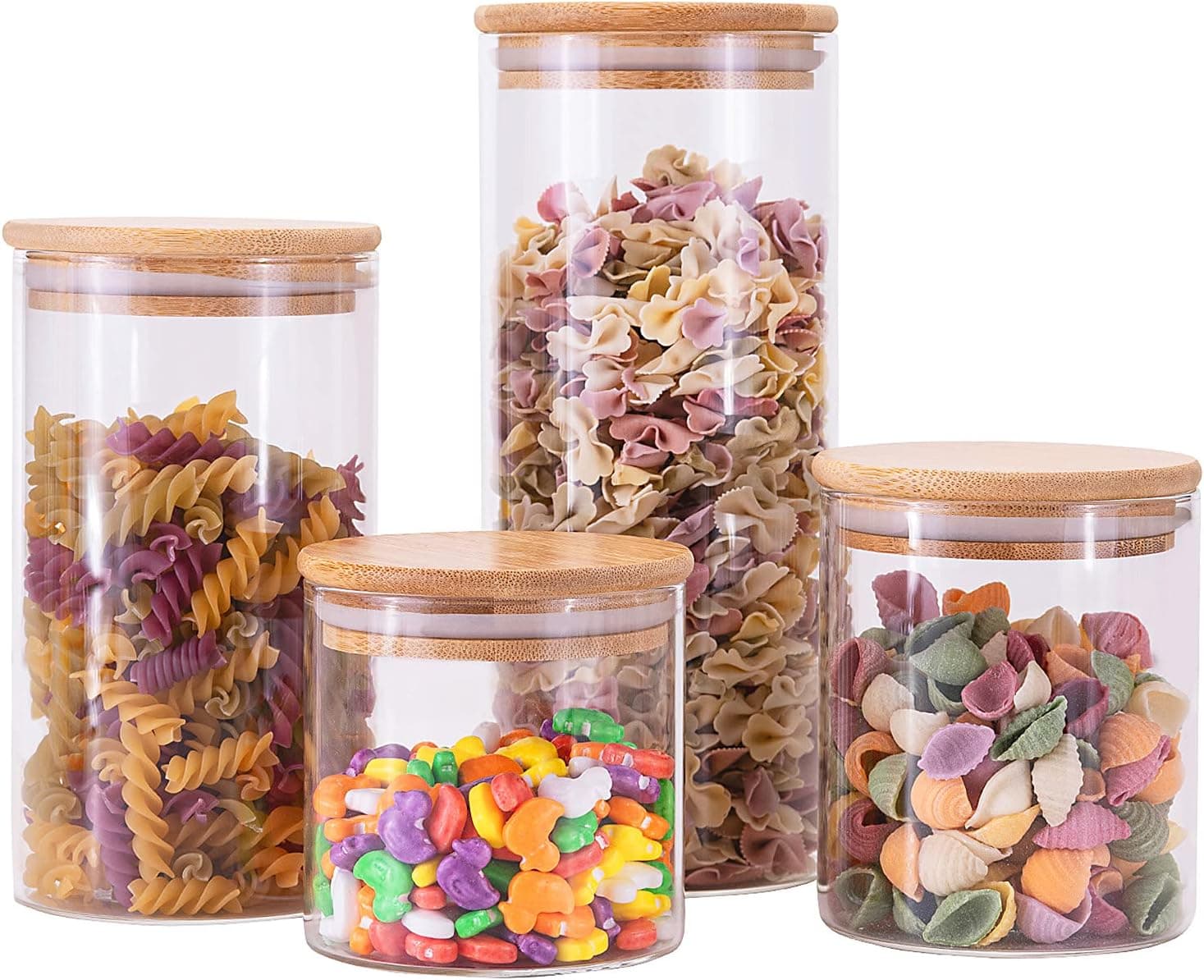 4 Pcs Glass Jars Set with with Bamboo Lids, Glass Airtight Food Storage Container, Kitchen Canisters Set, Pantry Jars for Home Spice, Candy, Cookie, Rice, Sugar, Flour, Pasta, Nuts (4 Sizes)