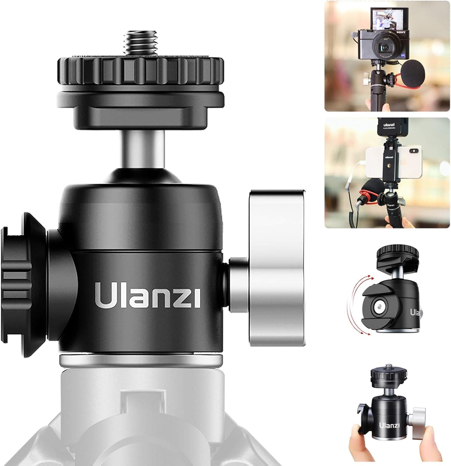 Camera Mini Ball Head Tripod Mount Head for Vlog DSLR w Rotatable Cold Shoe Microphone/Light Extension Ballhead, Vertical Video Shooting, for Sony RX100 VII ZV1 Canon G7X Mark III Photography U-60