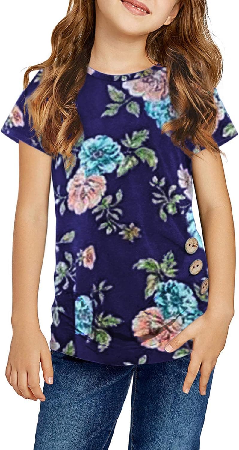 SHIPE Girls Loose Short Sleeve Tops Casual Floral Printed Tee Shirts for 4-13 Years Girl (150-Blue L)