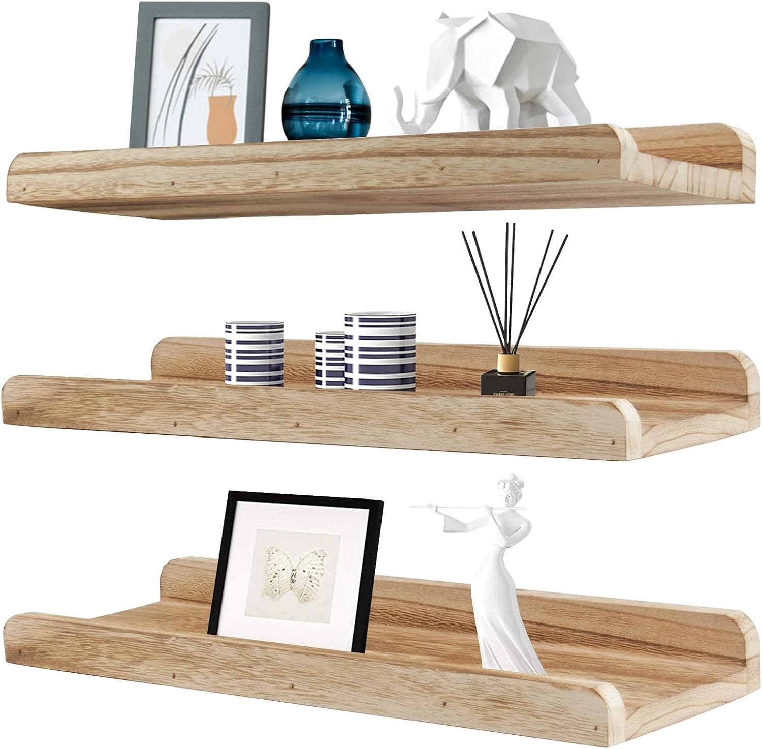 Laerjin 17 Inch Large Floating Shelves for Wall Set of 3, Wall Mounted Storage Shelves, Wall Mounted Nursery Kids Bookshelf, Natural Wood