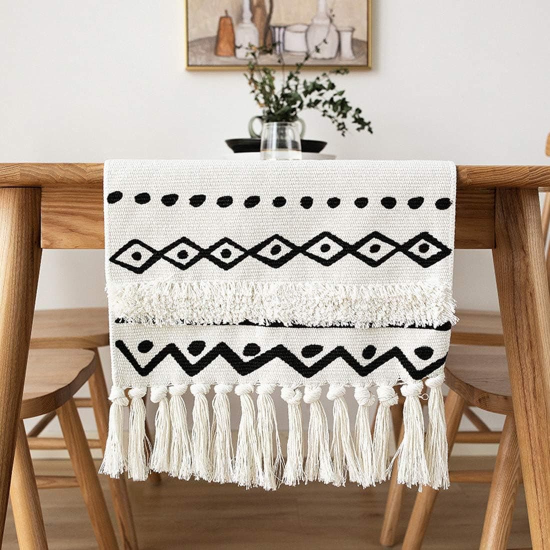 Monibana Boho Geometric Handmade Woven Tufted Tassels Coffee Table Runner Bohemian Moroccan Farmhouse Dresser Scarf for Bedroom Coffee Dining Table Decor Black and White 86 Inch