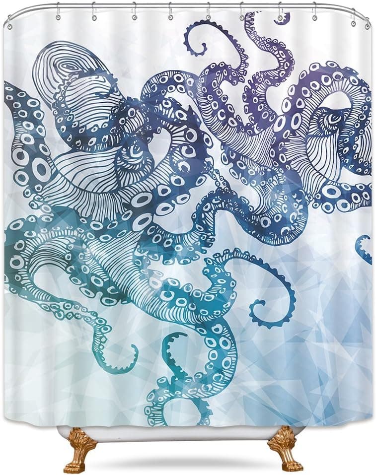 Riyidecor Ocean Kraken Octopus Shower Curtain 72x78 Inch Metal Hooks 12 Pack Marine Life Teal Geometrical Irregular Triangle Purple Blue Sea Decor Fabric Set Waterproof Fabric for Bathroom