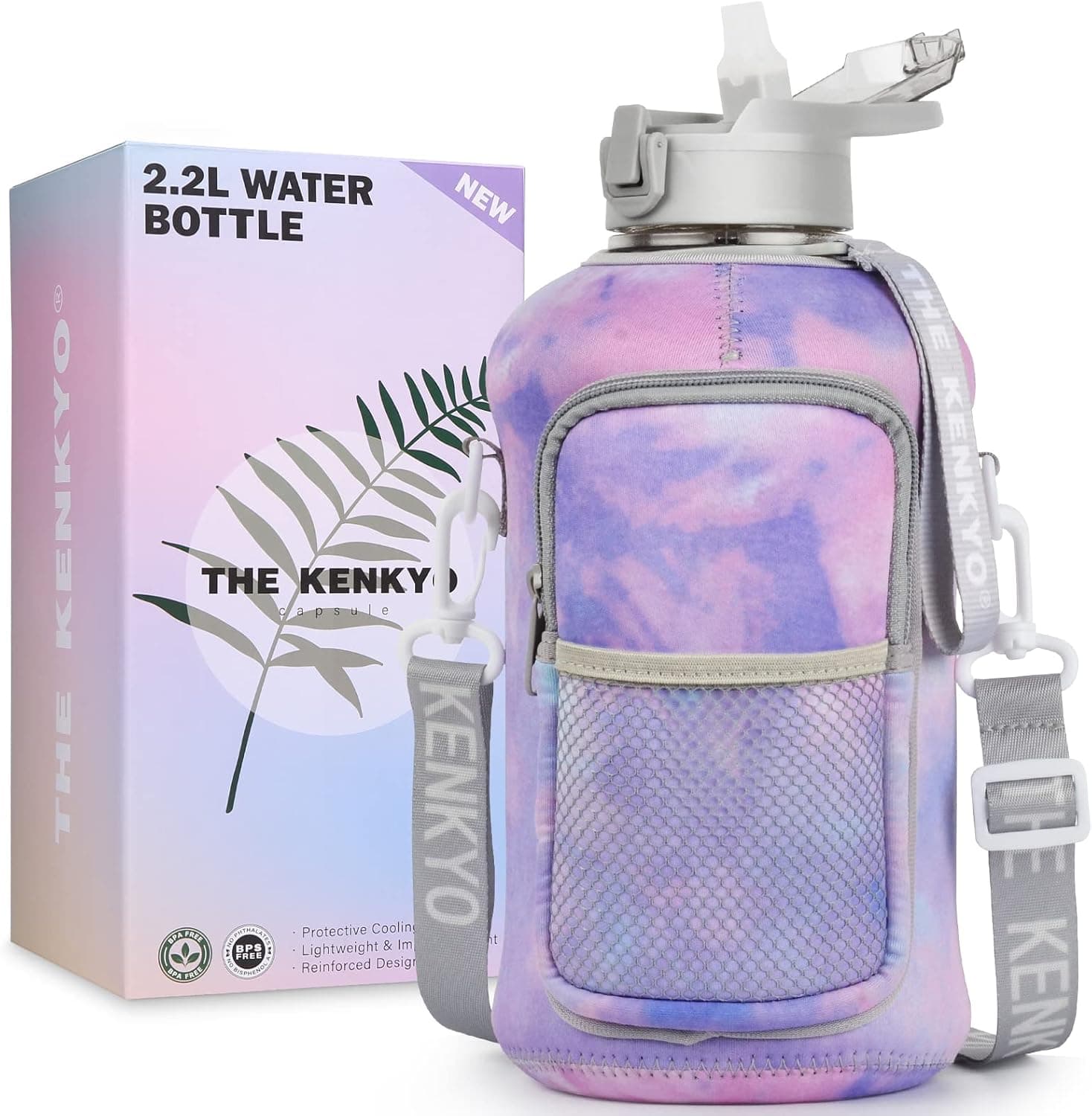 Half Gallon Water Bottle with Storage Sleeve KENKYO BPA FREE 74 ounce (2.2 Liter) Large Water Jug with Straw & Strap Leakproof 1/2 Gallon Water Bottle for Daily Hydration Gym Workout Outdoor Sport