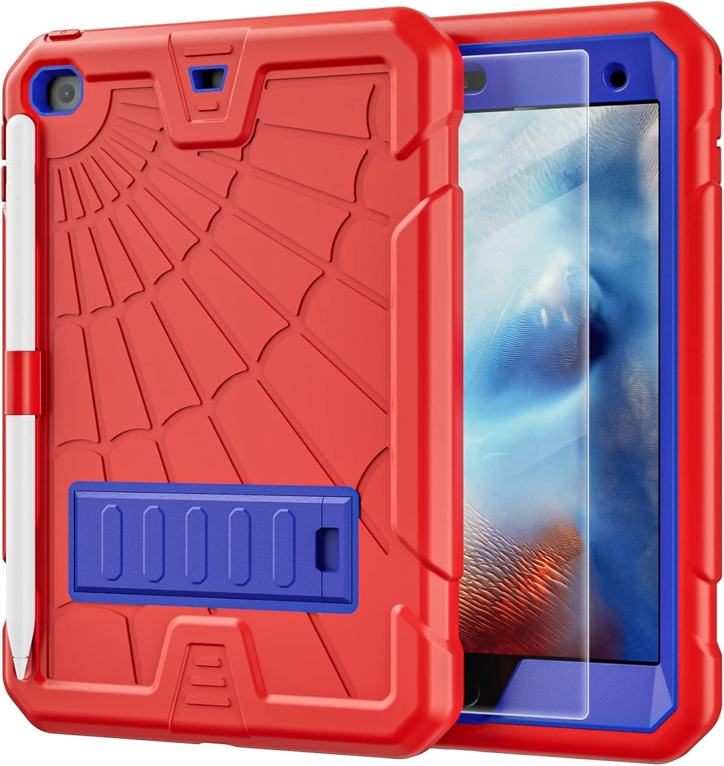 TSQQST iPad Mini 4/5 Case for Kids with Glass Screen Protector 2015 2019 | iPad Mini 5th 4th Generation Case with Pencil Holder+Stand | Shockproof Rugged Cover Case for iPad Mini 7.9 Inch | Blue+Red