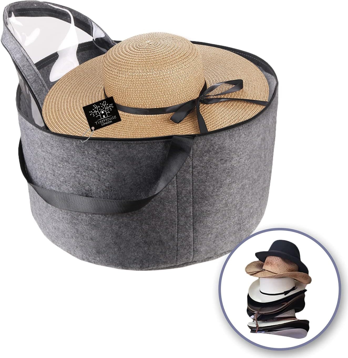 TreeHouse London Felt Hat Storage Box | Large Collapsible Hat Holder Organizer with Dust-proof Lid | Multipurpose, Sturdy, Thick, Stackable | Lined with Metal Frame (19" D x 11.5''H) | Gray (XXL)