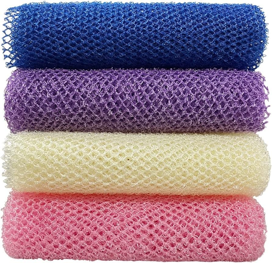 4 Pack Bath Sponge Net, Body Scrubber,African Exfoliating Net for Shower,11.8 inch X31.5 Inch Long Shower Net(Pink&Blue&Purple&Beige)