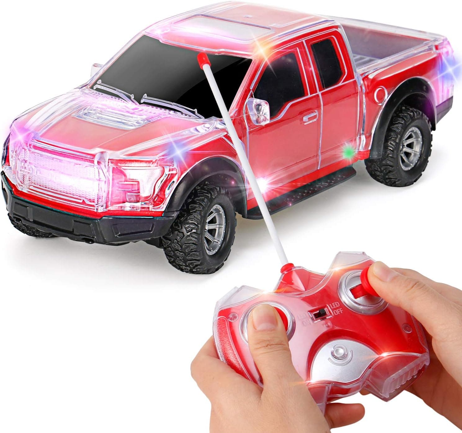 Liberty Imports Light Up RC Remote Control Pickup Truck - 1:20 Scale Radio Control Car with Flashing LED Lights - Ideal Gift Toy for Kids (Red)