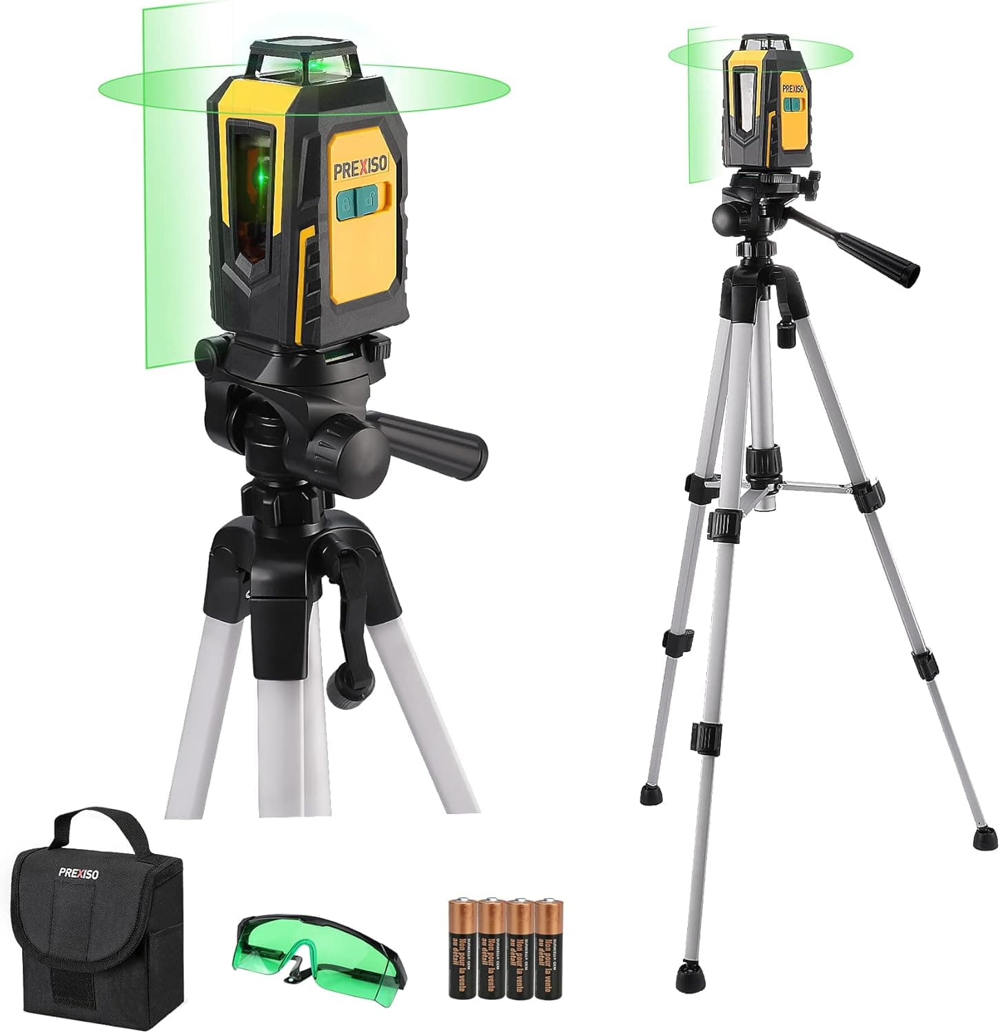 PREXISO 360° Laser Level with Tripod, 100Ft Self Leveling Cross Line Laser Level with Green Glasses, Portable Bag, 4 AA Batteries - Green Horizontal Line for Construction, Tile, Home Renovation