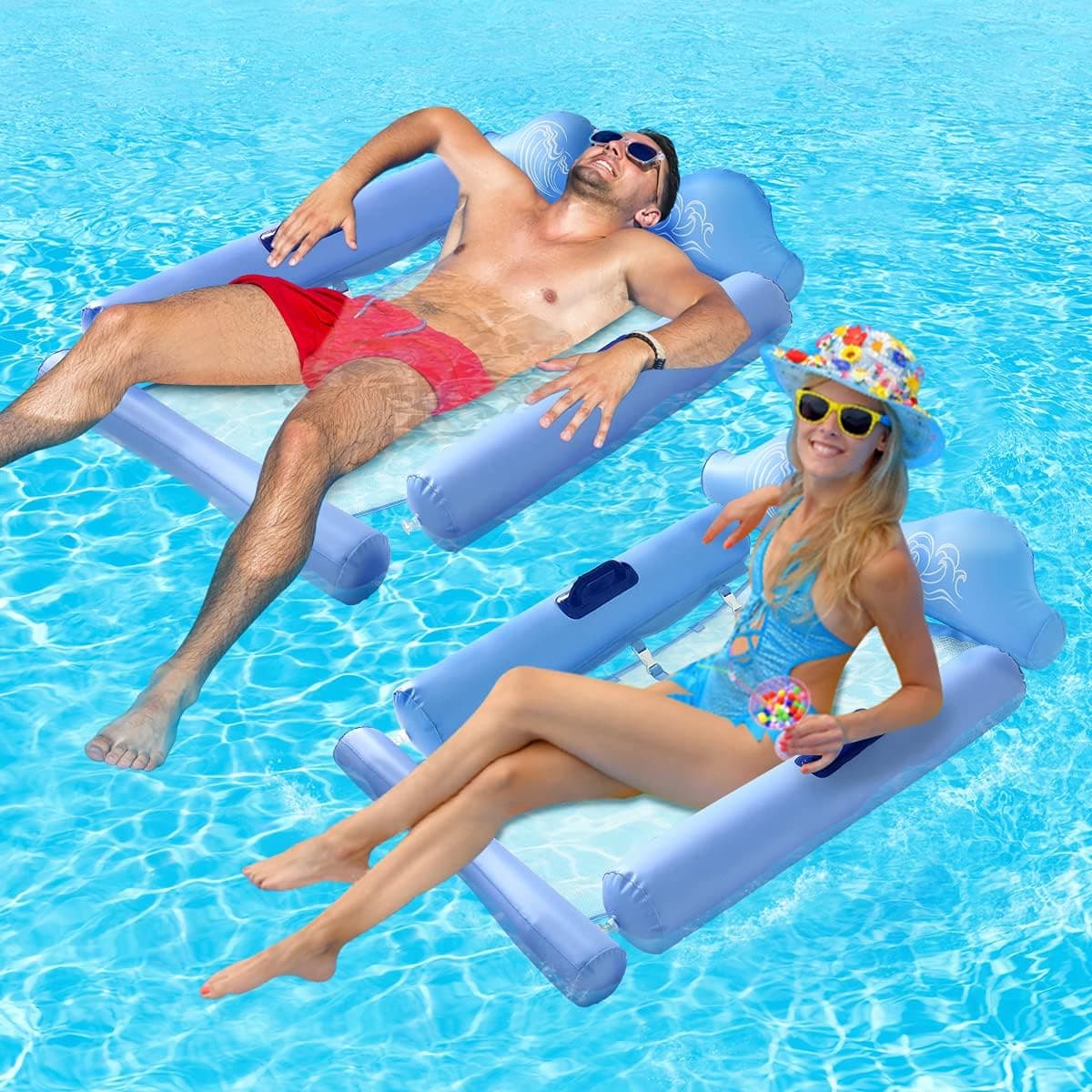GOFOIT Pool Float, Inflatable Swimming Float, Multi-Purpose Pool Hammock, (Saddle, Lounge Chair, Hammock, Drifter), Water Hammock Lounge for Adult, Kids, Blue Pool Float