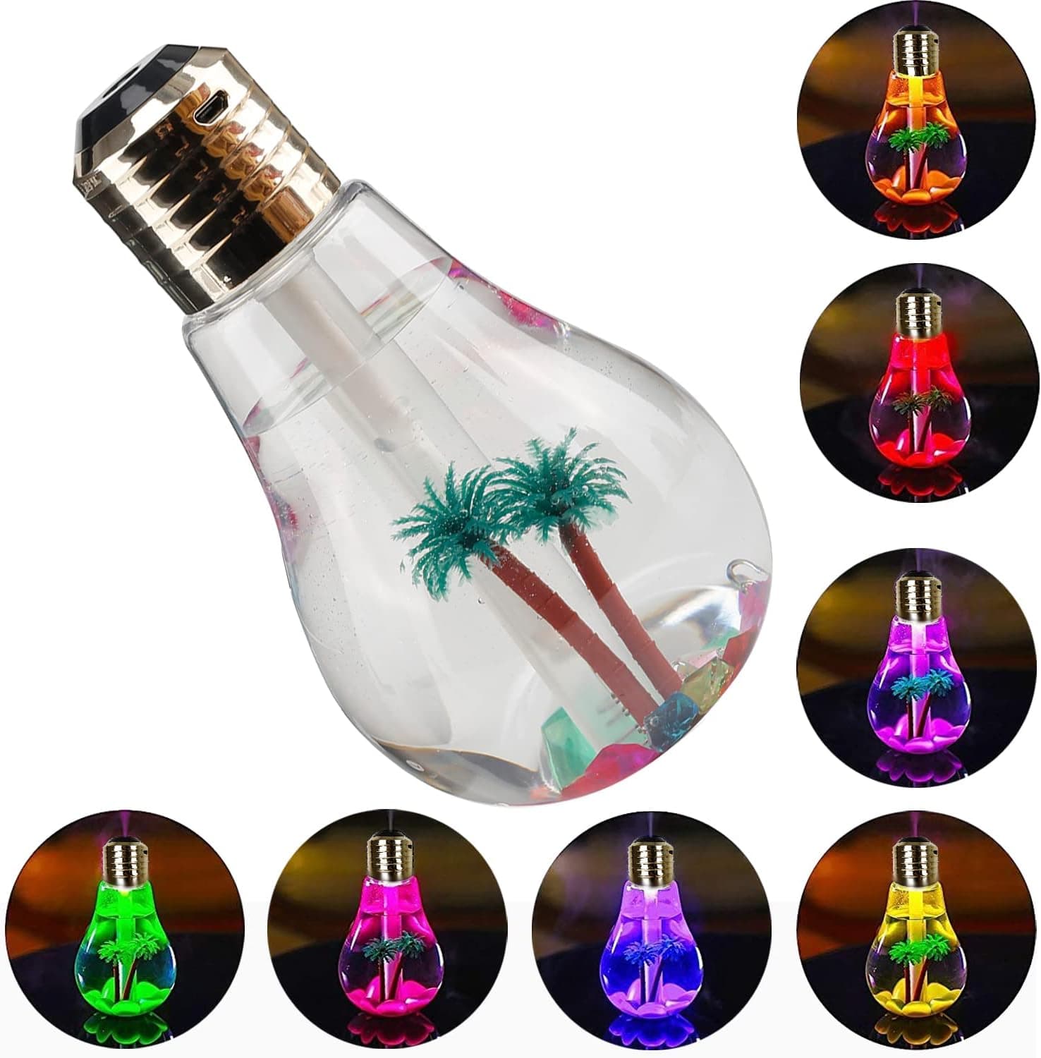 USB Air Humidifier Bulb with 7 Colors Lamp Shape Decorative Lights Diffuser Purifier Atomizer with Colorful LED Night Light for Office Desk Bedroom Living Room Home Decor (Gold)