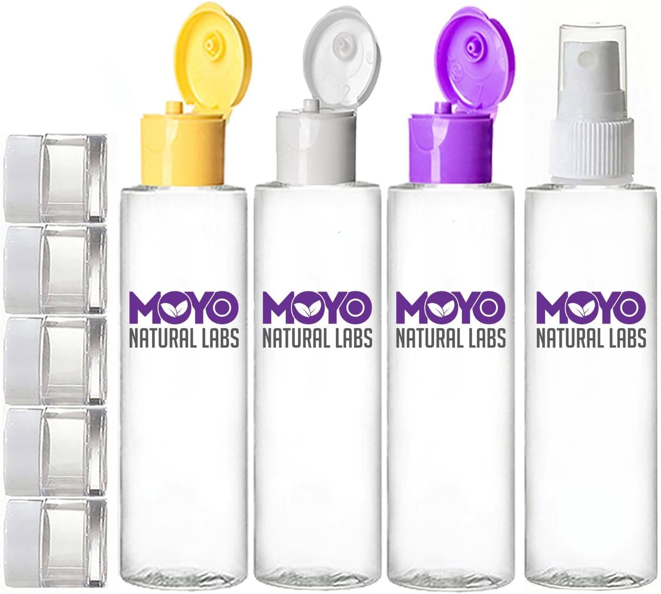 Moyo Natural Labs 9 Piece 3.4Oz Squeezable Large Travel Bottle Accessories Color Caps Cosmetic Jars with Fine Mist Spray Bottle BPA Free Air Travel Kit Tsa Approved Travel Bottles