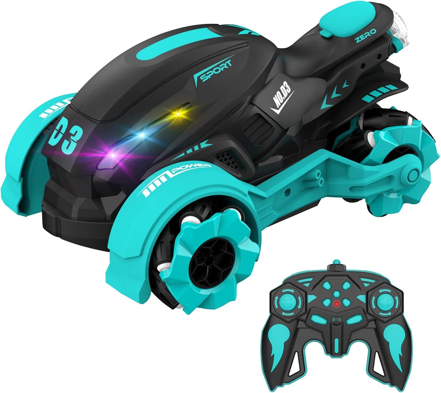AONGAN Remote Control Car - 2.4 GHz RC Stunt Car 4WD w/Mecanum Wheels, All-Terrain Tires & All Directions, Lights Music & Spray Function Gifts Toys for Boys Girls 5 6 7 8 9 Years Old (Blue)