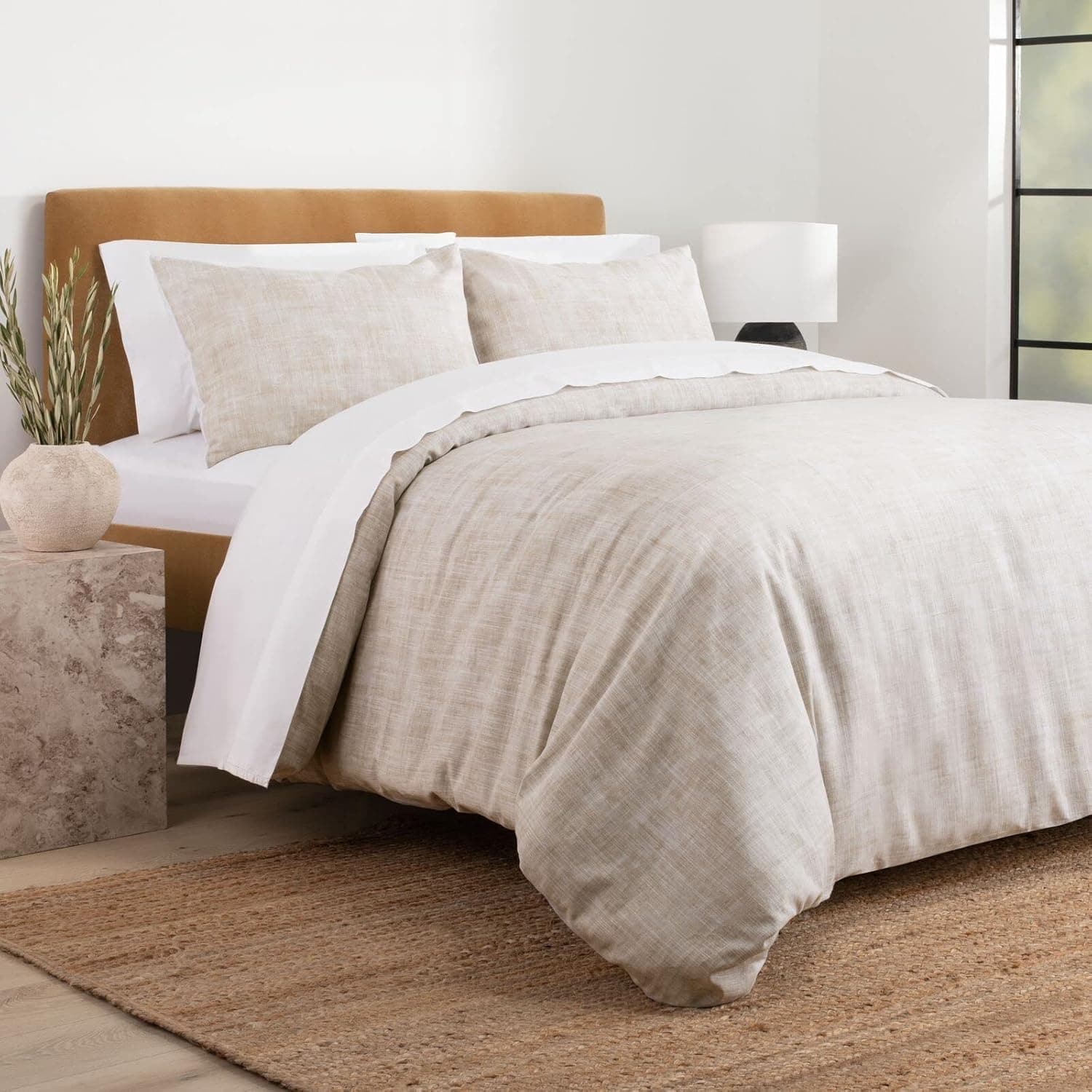 Nate Home by Nate Berkus 200TC 3-Piece Textured Print Duvet Cover Set | Crisp, Cool Bedding from mDesign - King Size - 1 Duvet Cover with Hidden Button Closure/2 Pillow Shams, Fossil (Beige)