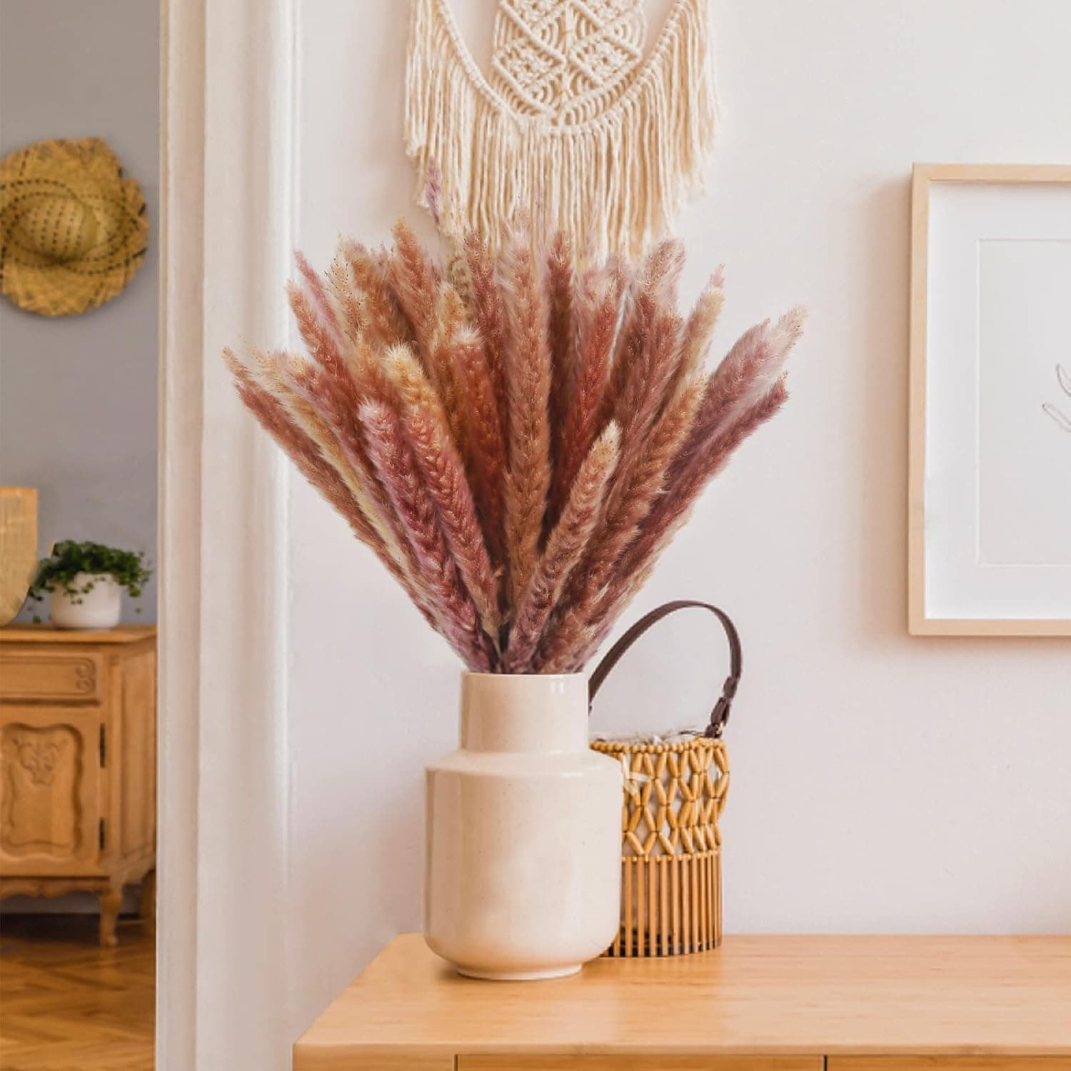 kikafok 60 pcs Natural Dried Pampas Grass Decor ,17" Tall-Pampus Grass,Natural Brown Pampas Grass,Mini Pampas Grass Bulk