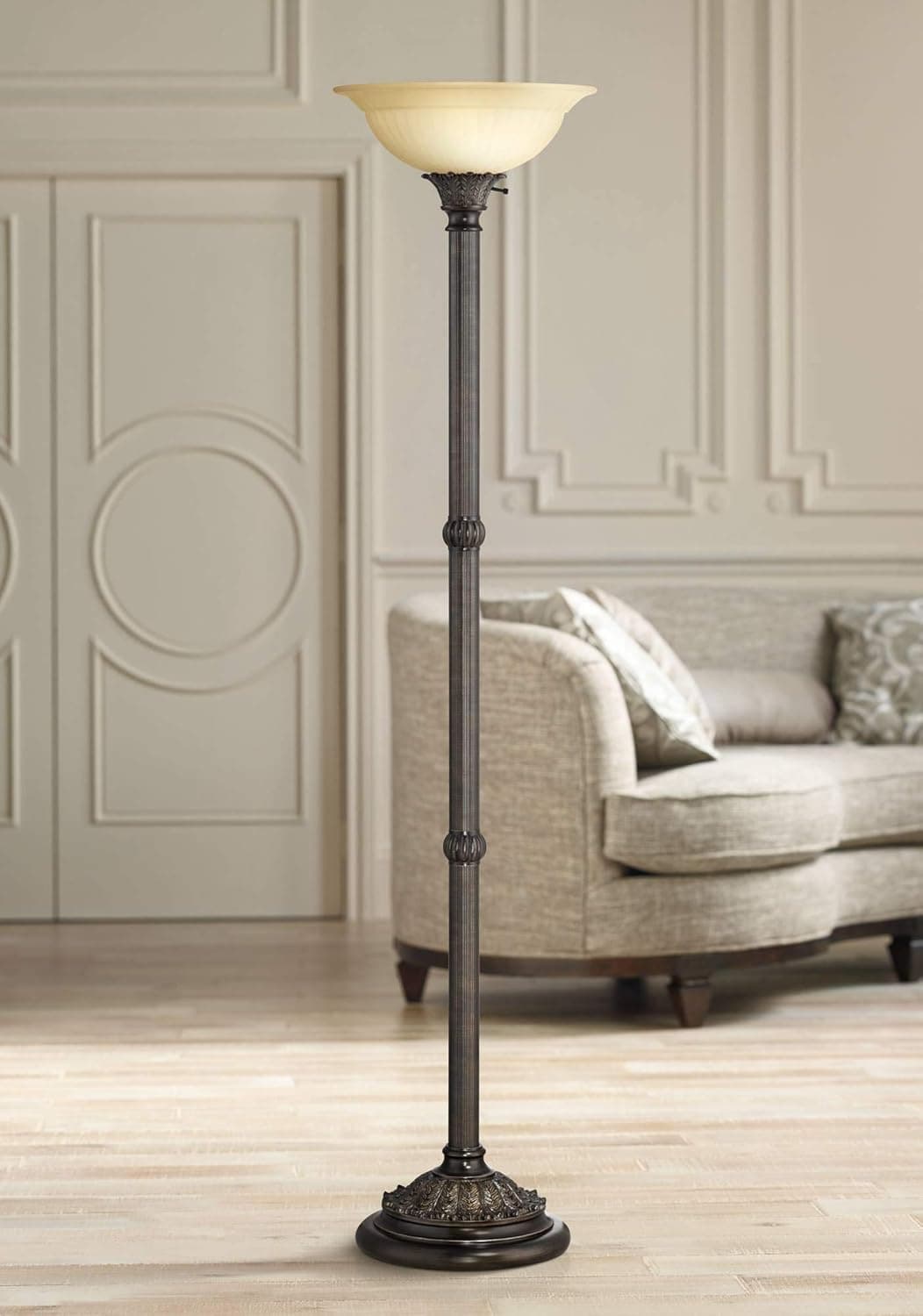 Barnes and Ivy Bellham Rustic Farmhouse Torchiere Floor Lamp Standing 72" Tall Bronze Pole Pale Amber Fluted Glass Shade for Living Room Reading Bedroom Office House Home Decor