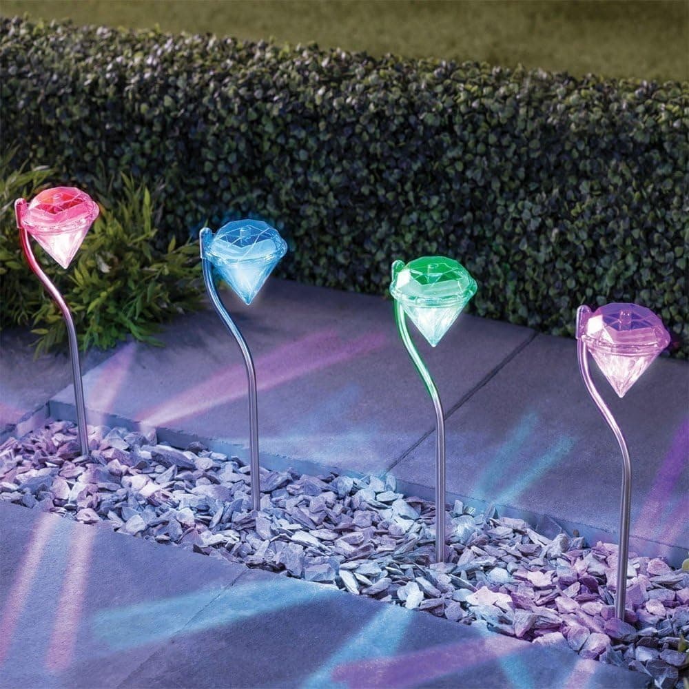 MWGears 7 Color Outdoor Stainless Steel LED Diamond Solar Garden Path Lights - 4 Pack, Transform Your Yard Path Lawn & Landscape Lighting