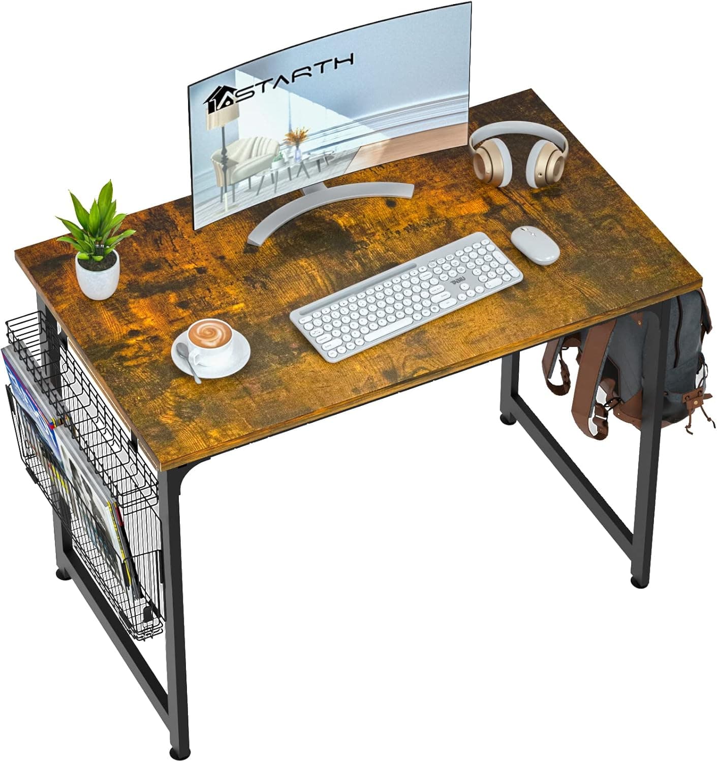 ASTARTH Study Computer Desk-40 Inch Home Office Desk, Wood Storage Table, Modern Writing Style Laptop Table, Black Metal Frame, PC Table with Storage Basket and Headphone Hooks, Rustic Brown
