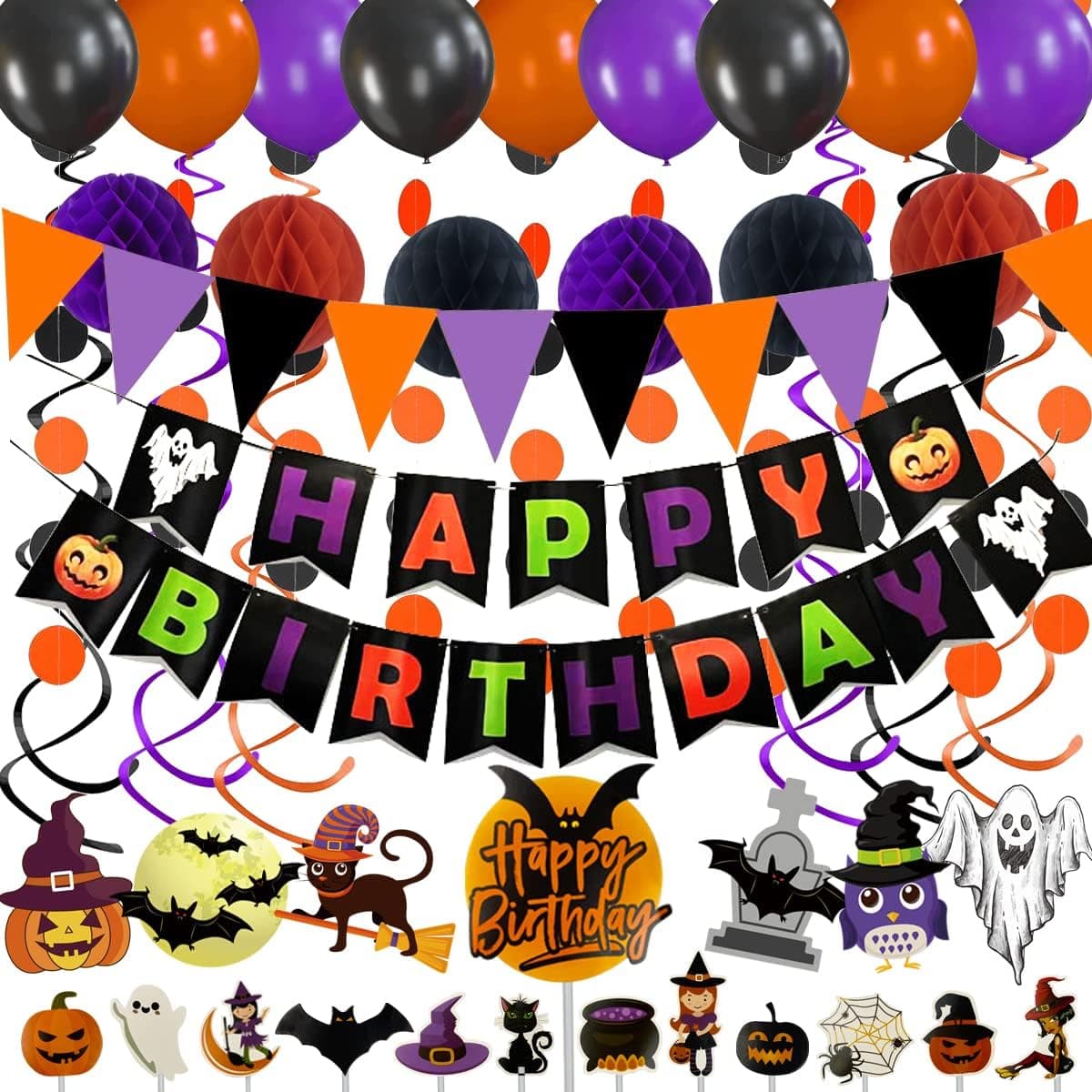 Halloween Happy Birthday Party Decorations Halloween Themed Party Supplies Include Banner/Triangle Flag/Honeycomb Ball/Cake Topper/Balloons/Hanging Swirls/Round String