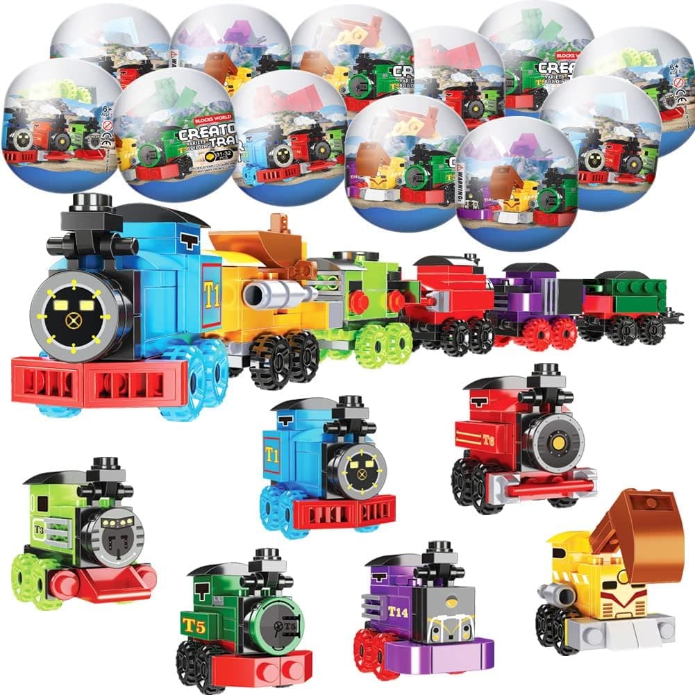 UMEELR 12PCS Train Toys Surprise Eggs Sets, PreFilled Easter Eggs with Train Building Blocks for Kids Easter Basket Stuffers, Easter Basket Filler, Easter Egg Hunt Classroom Prize Toys