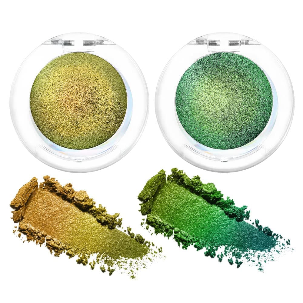 2Pcs Duochrome MultiChrome Chameleon Teal Eyeshadow Palette Set,Olive Yellow GREEN Silky Smooth and High Pigment Shimmer Metallic Holographic Glitter Eyeshadow mermaid Makeup Pallet Set,2g,(05&07)