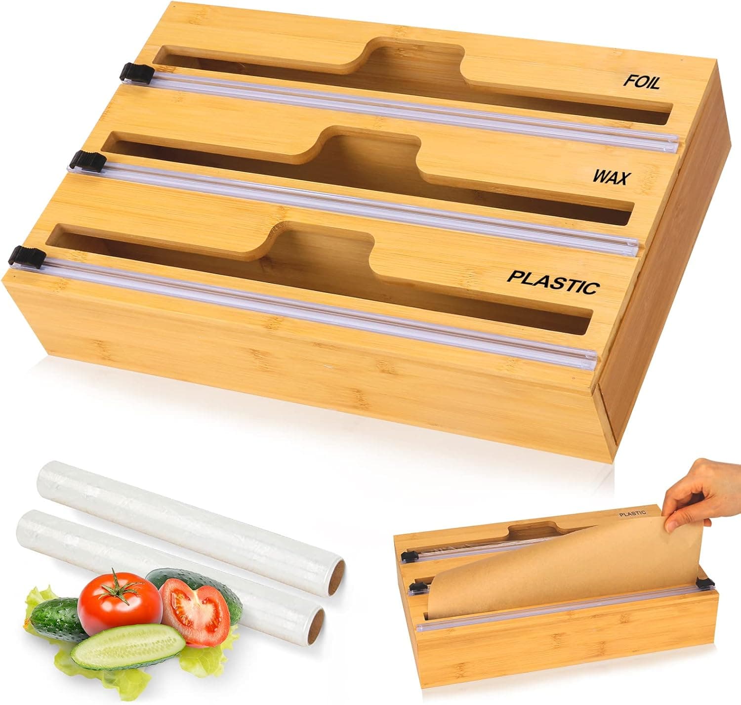 TOOVREN Foil and Plastic Wrap Organizer, Bamboo Kitchen Wrap Organizer Plastic Wrap Dispenser with Cutter and Labels, Aluminum Foil Organization and Storage Tin Foil Organizer for Drawer