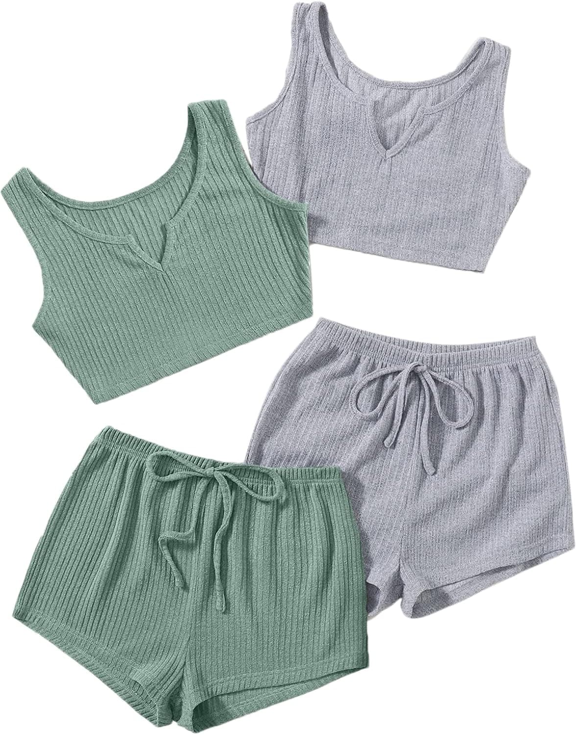 Milumia Women's 4 Pieces Ribbed Knit Crop Tank Top and Drawstring Waist Shorts Pajama Set Loungewear Pack 2