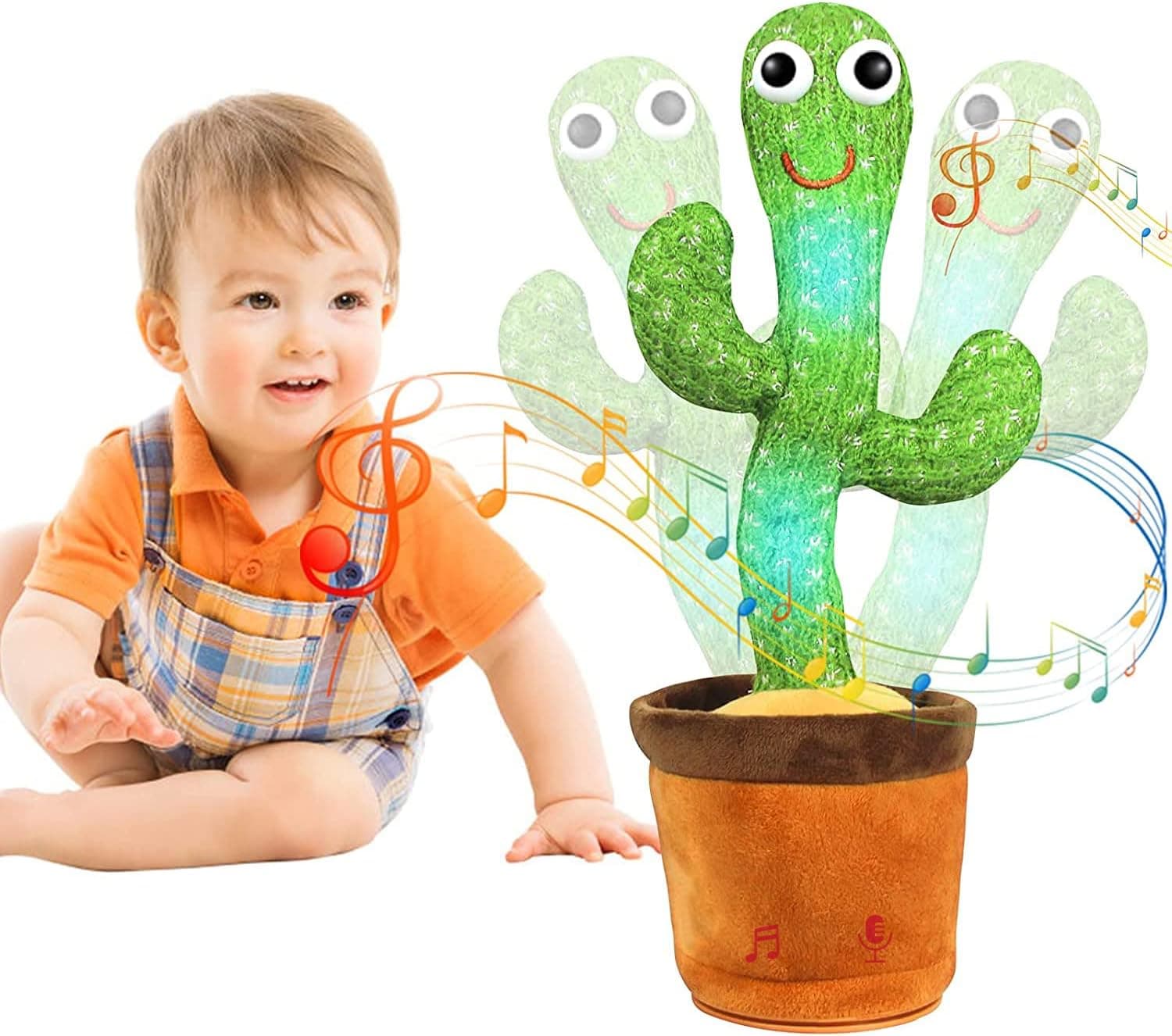 Dancing Cactus Mimicking Toy | Talking Singing Plush Doll | USB Charging | Repeating Toy for Babies and Toddlers | Repeats What You Say | 120 Songs Built-In | LED Lights Up | English & Spanish