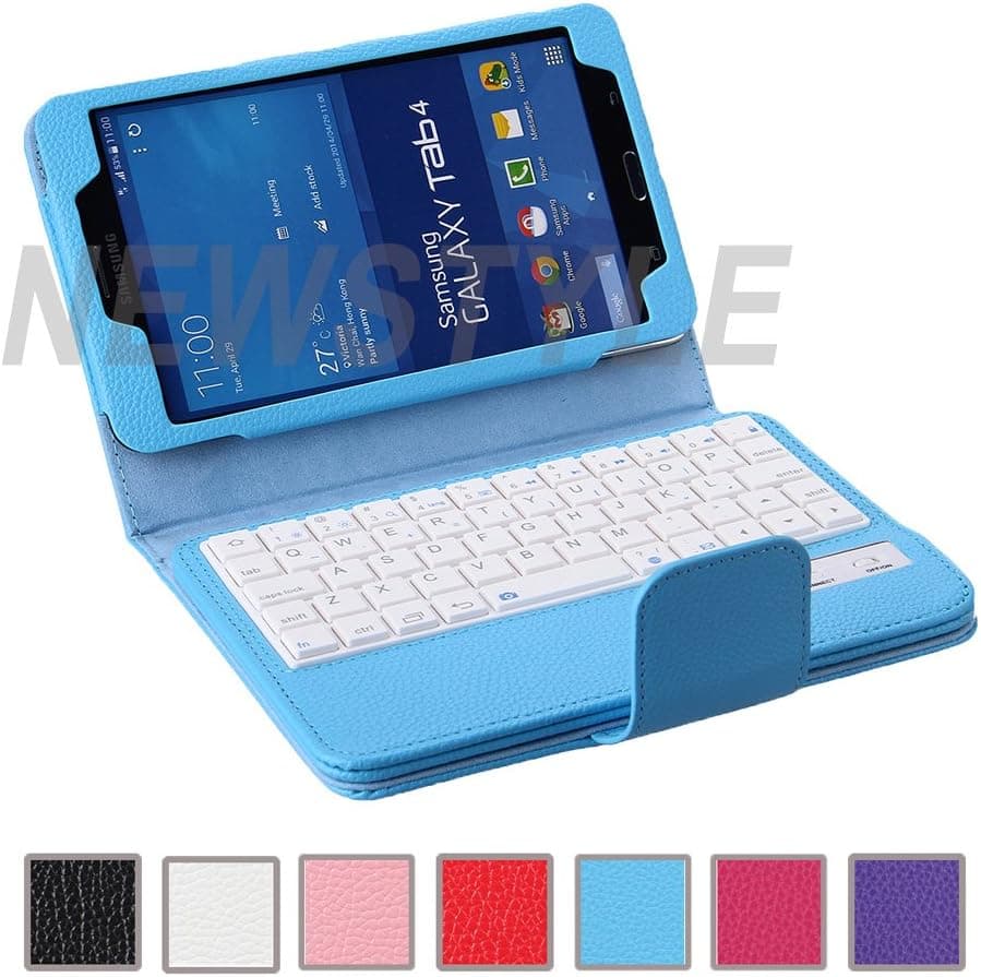 NEWSTYLE Removable Wireless Bluetooth Keyboard ABS Plastic Laptop Stylish Keys and Protective Case For Samsung Galaxy Tab 4 7.0" 7.0 inch Tablet SM-T230 SM-T231 SM-T235 W/ Remote Control Camera Shutter Release Self Timer Feature (Blue)